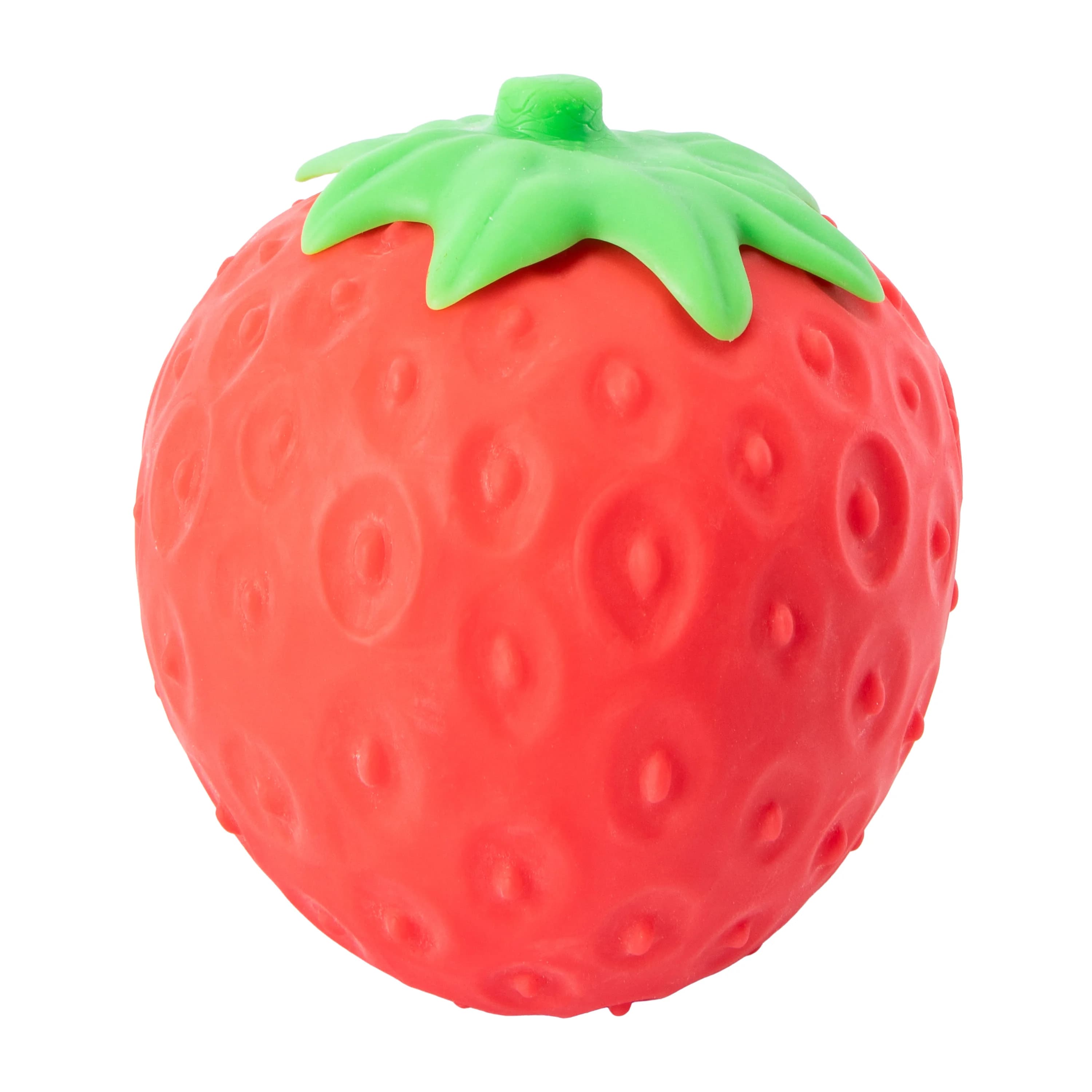 Strawberry-shaped SmushMart squishy toy, red with green cap, no packaging